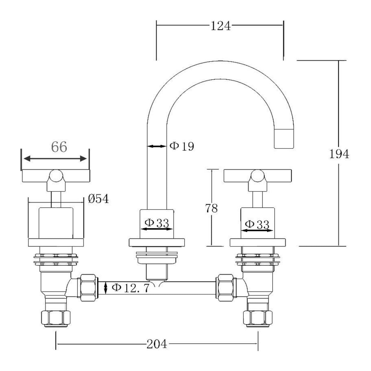 Technical drawing of Raymor Alpha black 3-piece basin set with gooseneck spout, showing dimensions and cross handles