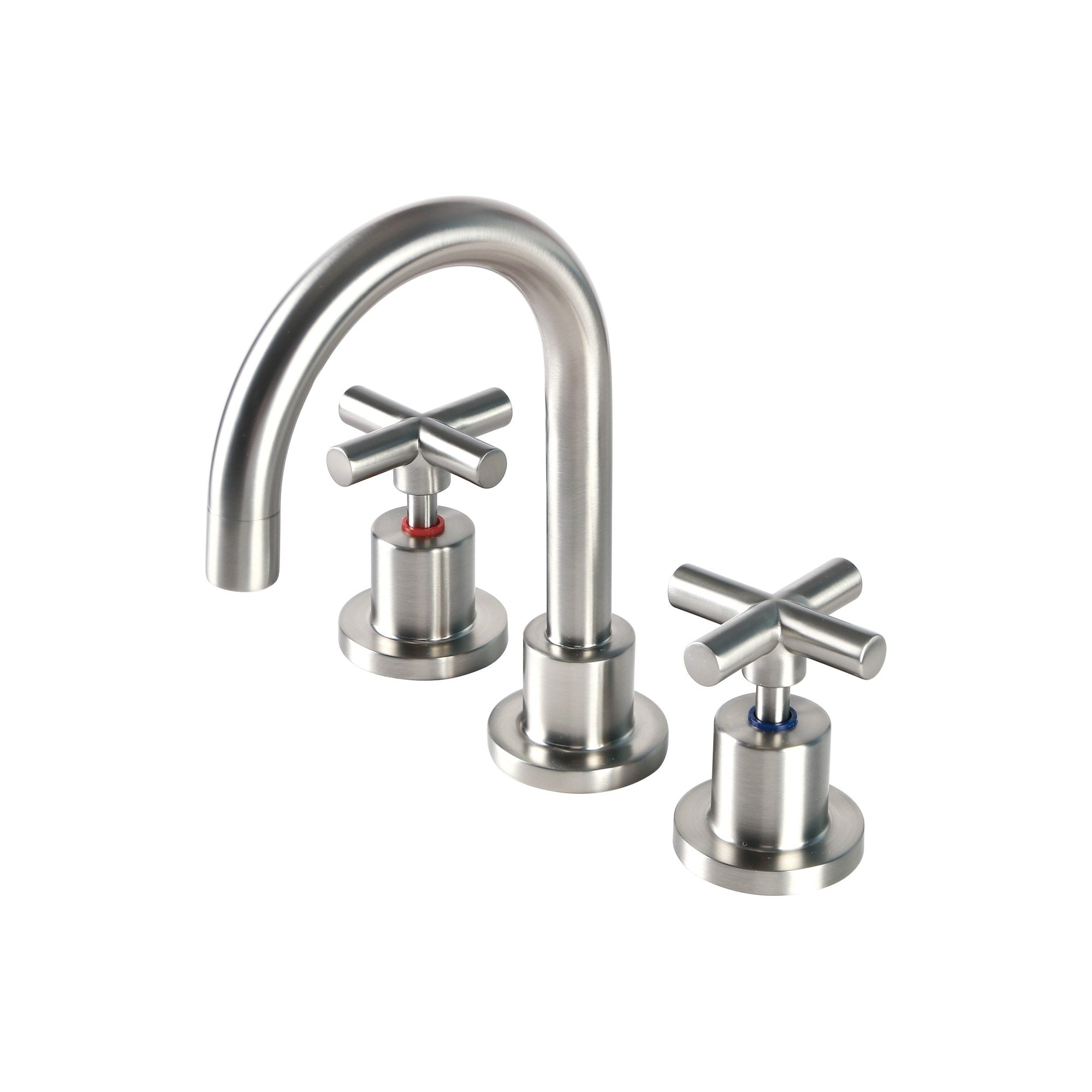 Raymor Alpha 3-piece basin set in brushed nickel with cross handles and gooseneck spout on white background