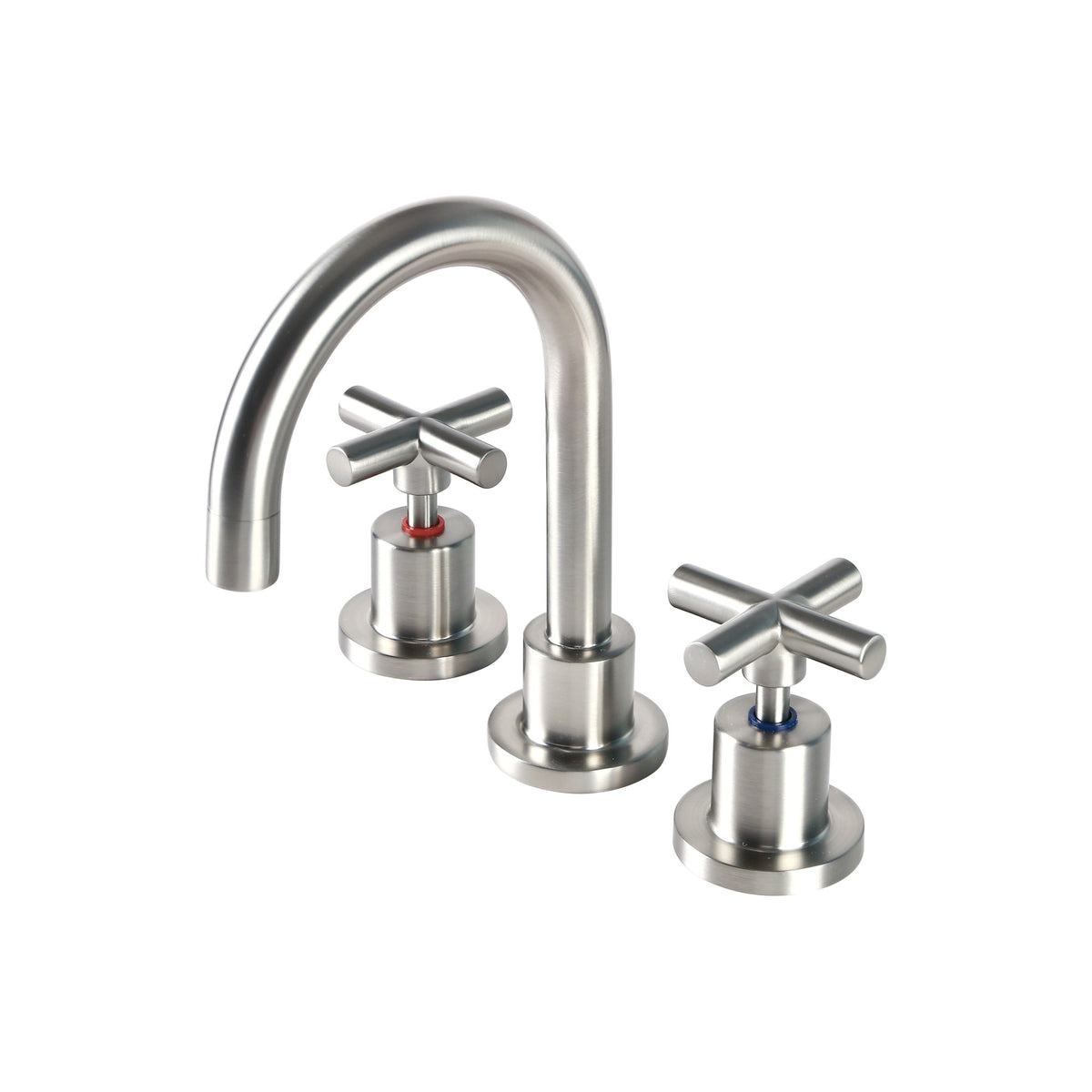 Raymor Alpha 3-piece basin set in brushed nickel with cross handles and gooseneck spout on white background