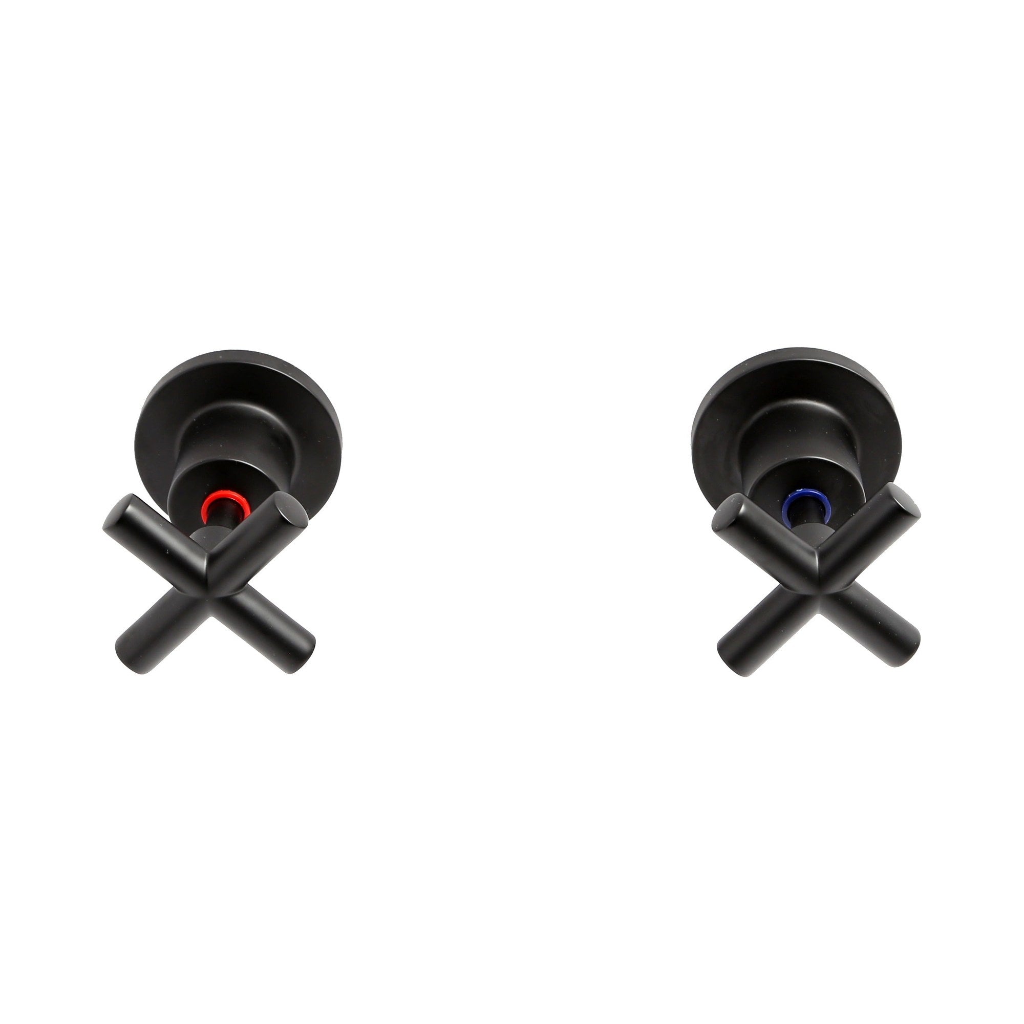 Raymor Alpha black cross handle wall top assemblies, hot and cold pair, front view on white background