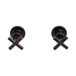 Raymor Alpha black cross handle wall top assemblies, hot and cold pair, front view on white background