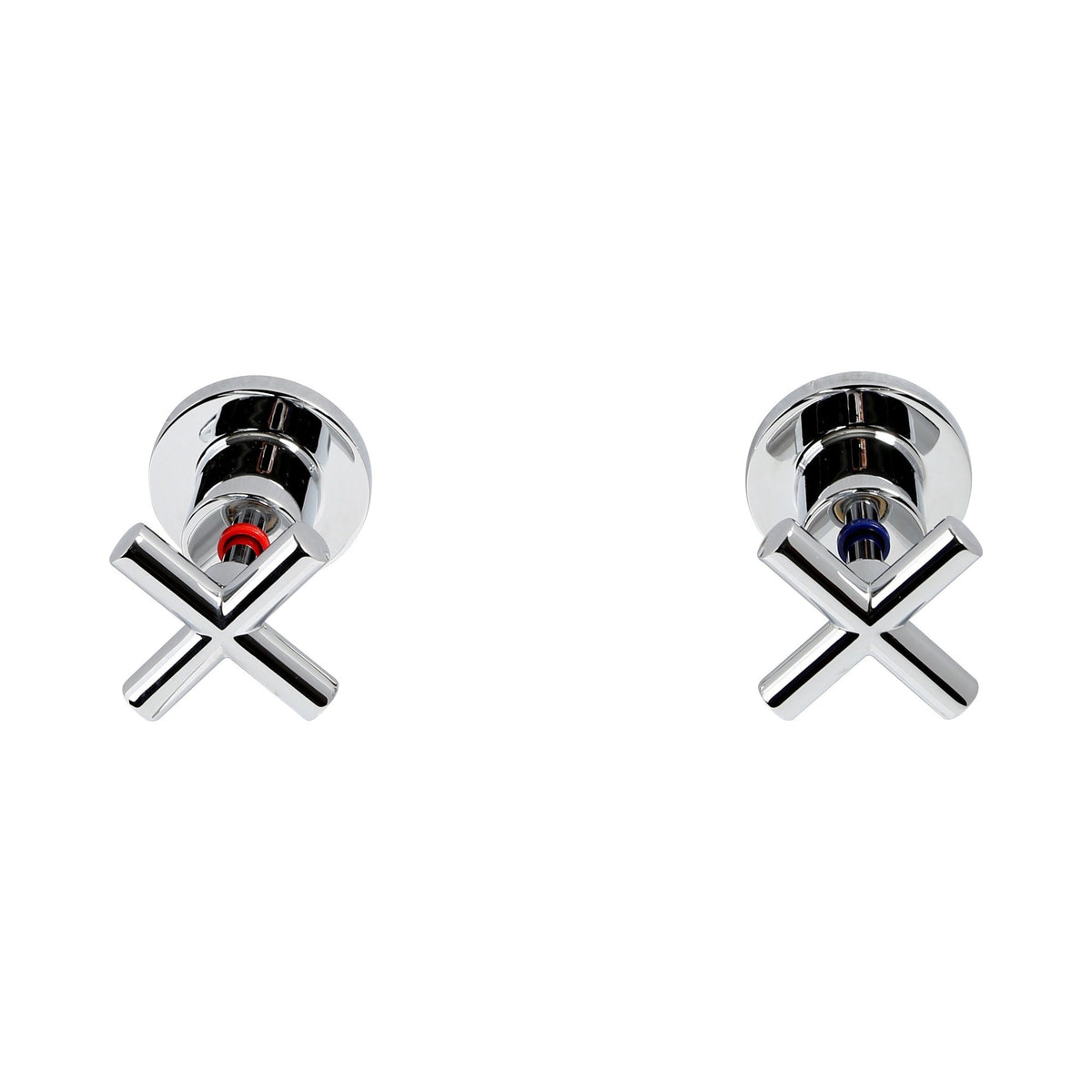 Raymor Alpha chrome wall top assemblies with cross handles, hot and cold pair, front view on white background