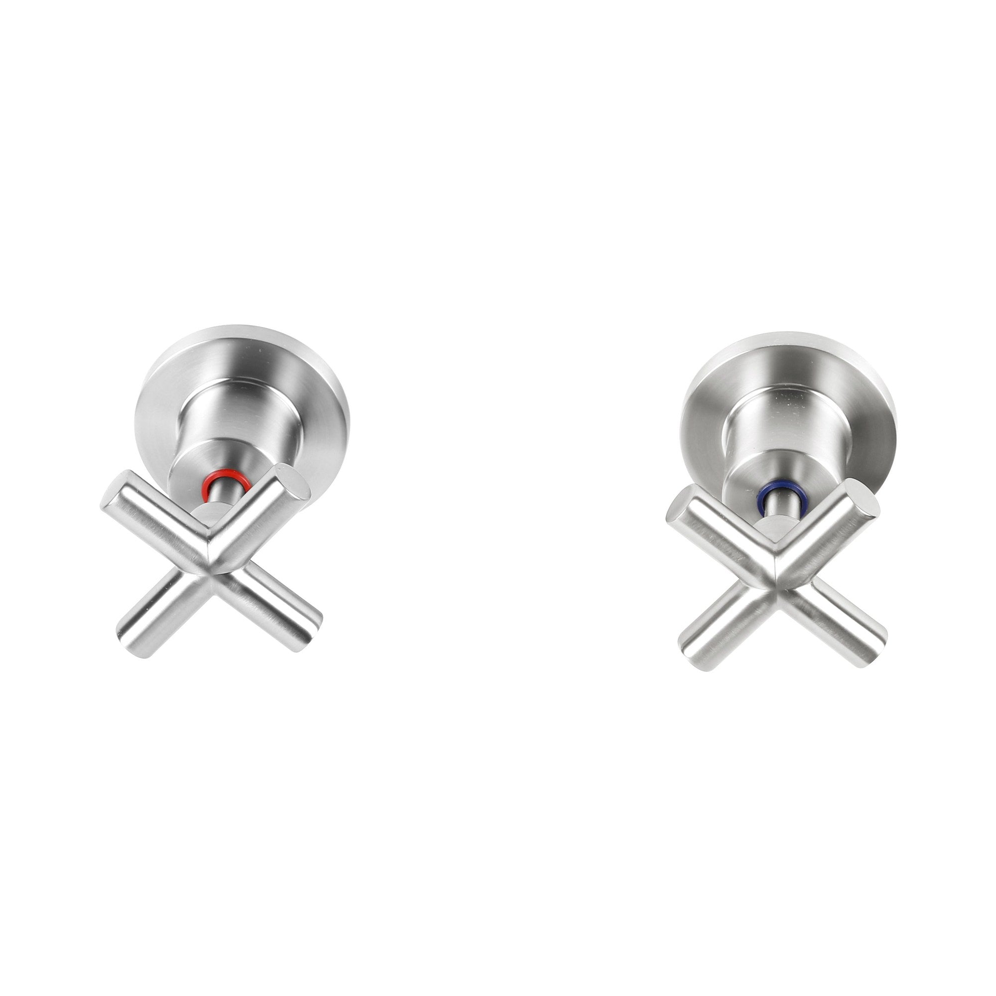 Raymor Alpha brushed nickel wall top assemblies with cross handles, hot and cold pair, front view on white background