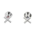 Raymor Alpha brushed nickel wall top assemblies with cross handles, hot and cold pair, front view on white background