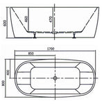 Raymor Alpha freestanding bath technical drawing, white acrylic, 1700 x 800mm, with centre waste and dimensions