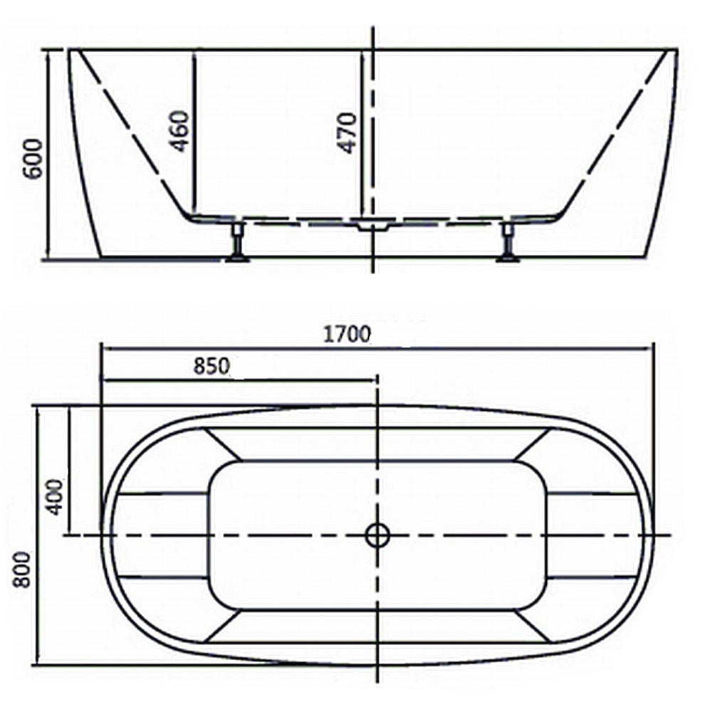 Raymor Alpha freestanding bath technical drawing, white acrylic, 1700 x 800mm, with centre waste and dimensions