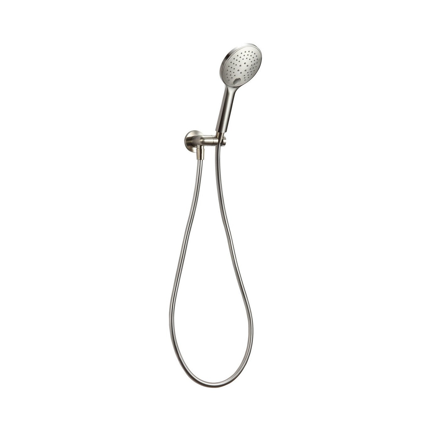 Raymor Alpha brushed nickel hand shower with round head and 1.5m hose on wall cradle, isolated on white