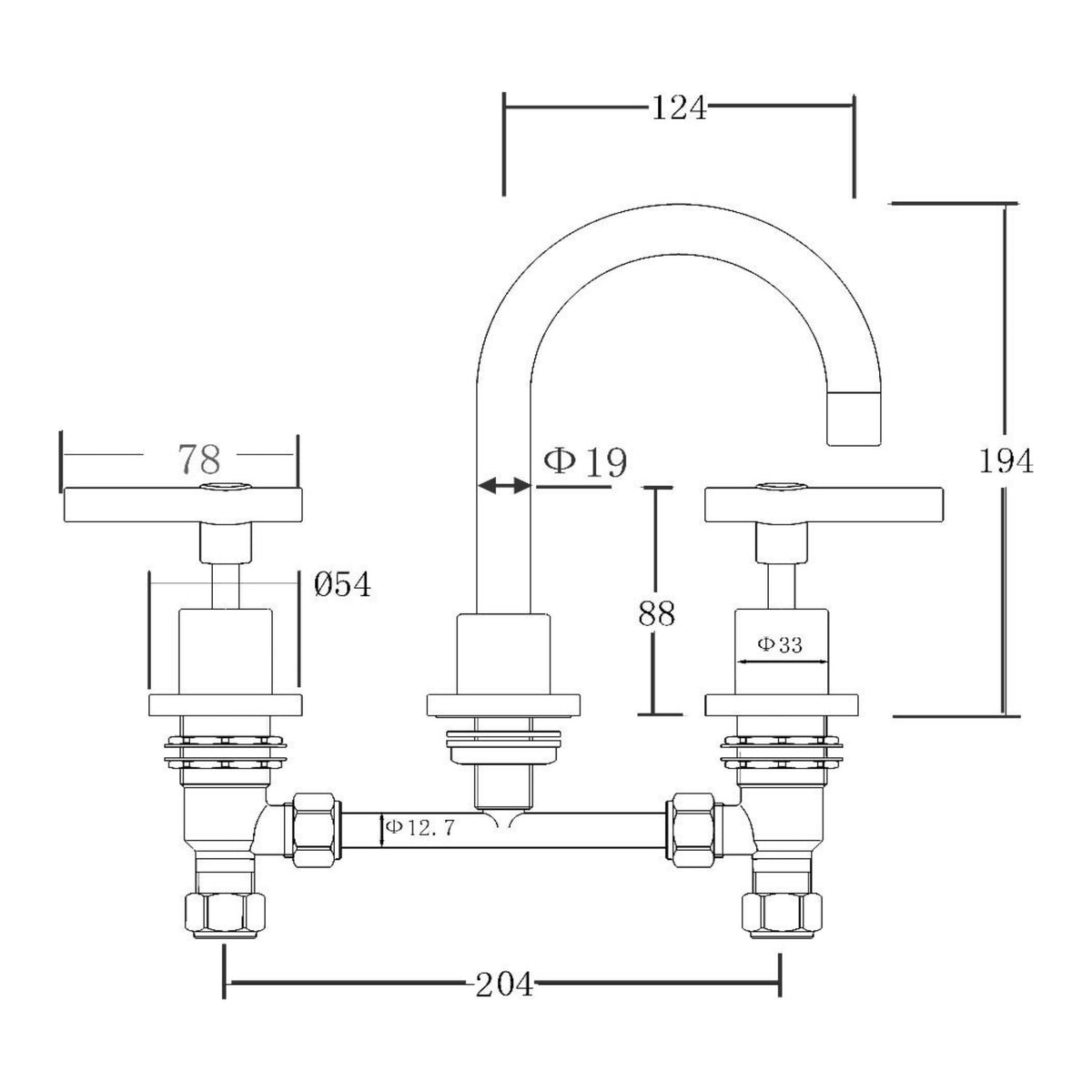 Technical drawing of Raymor Alpha three piece basin set, showing brushed nickel gooseneck spout and lever taps with dimensions