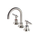 Raymor Alpha three-piece basin tap set in brushed nickel with gooseneck spout and lever handles