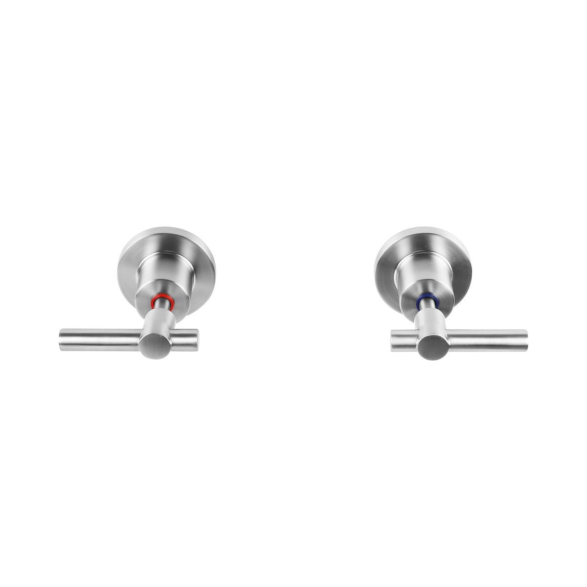 Raymor Alpha brushed nickel wall top assemblies, hot and cold pair with lever handles on white background