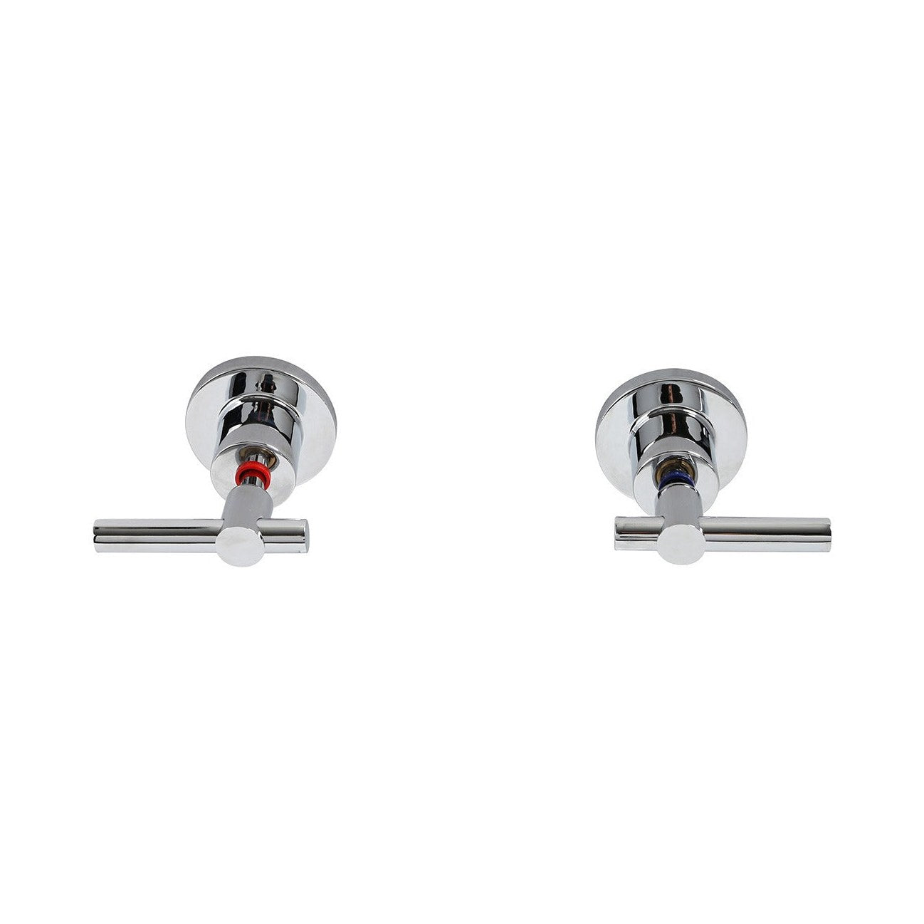 Raymor Alpha chrome wall top assemblies, hot and cold lever taps pair on white background