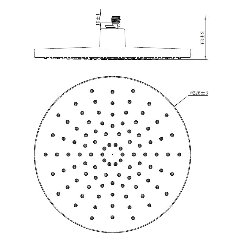Raymor Alpha Round Shower Rose Chrome technical drawing, top and side views with 226mm round face and 63mm height dimensions