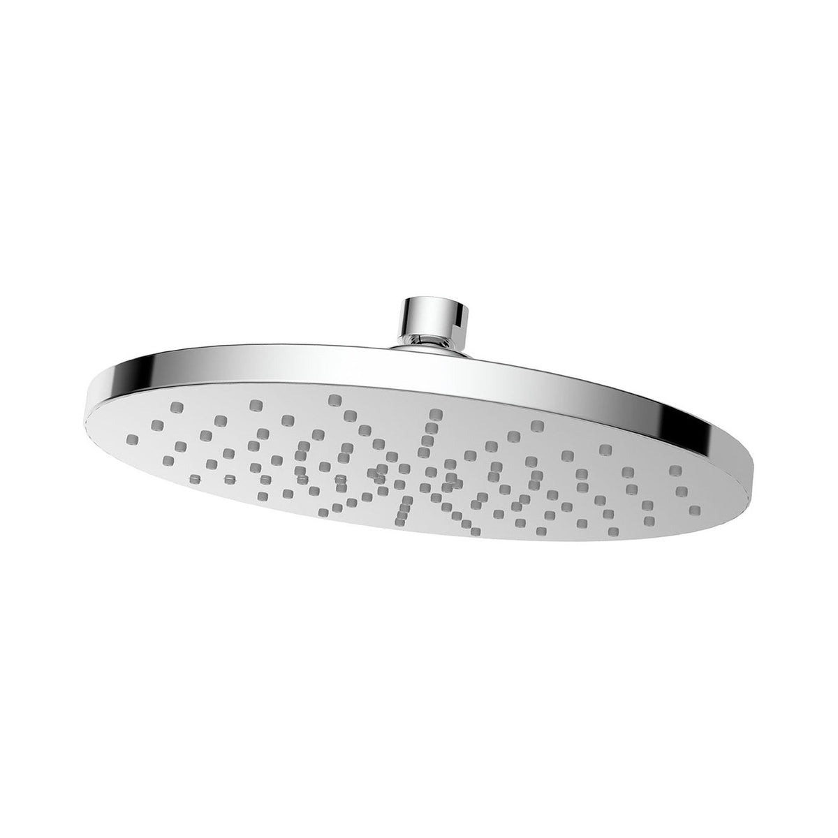 Raymor Alpha round chrome shower rose, low-profile overhead head with single spray face on white background