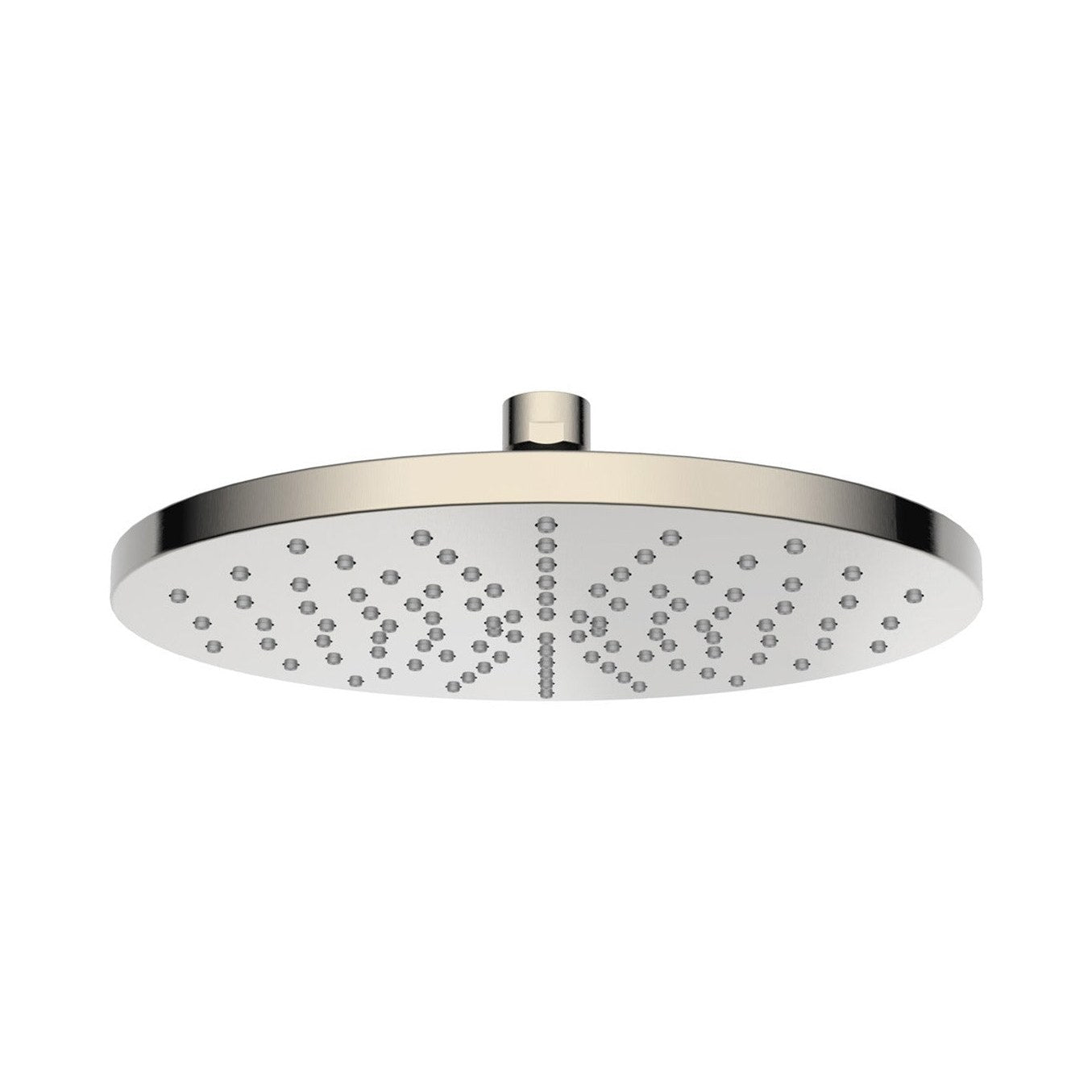 Raymor Alpha 225mm round shower rose in brushed nickel, front view on white background