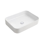 Raymor Ambition white rectangular above-counter basin with centre waste, shown in angled studio view