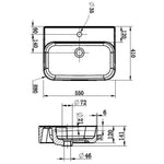 Raymor Ambition rectangular above-counter basin technical drawing, white 550mm x 410mm with one taphole and no overflow options