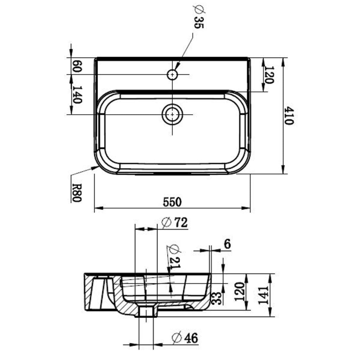 Raymor Ambition rectangular above-counter basin technical drawing, white 550mm x 410mm with one taphole and no overflow options