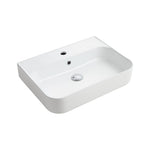 Raymor Ambition white rectangular above-counter basin with one taphole and chrome waste, angled view