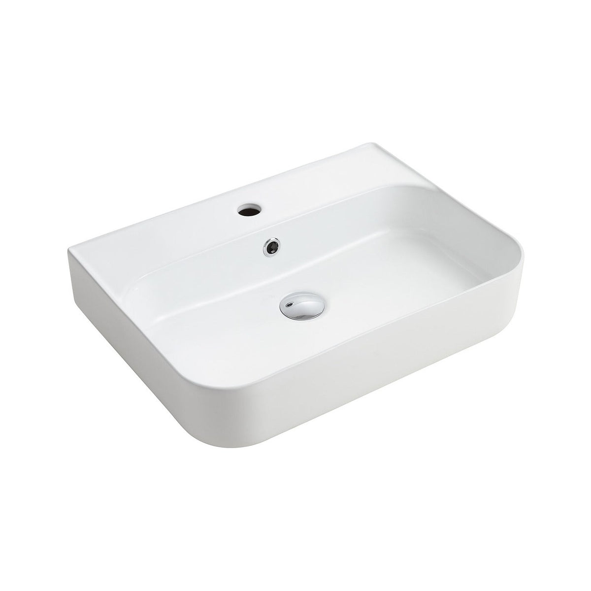 Raymor Ambition white rectangular above-counter basin with one taphole and chrome waste, angled view