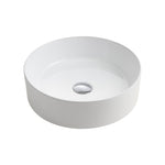 Raymor Ambition round white above-counter basin with chrome waste, front view on white background