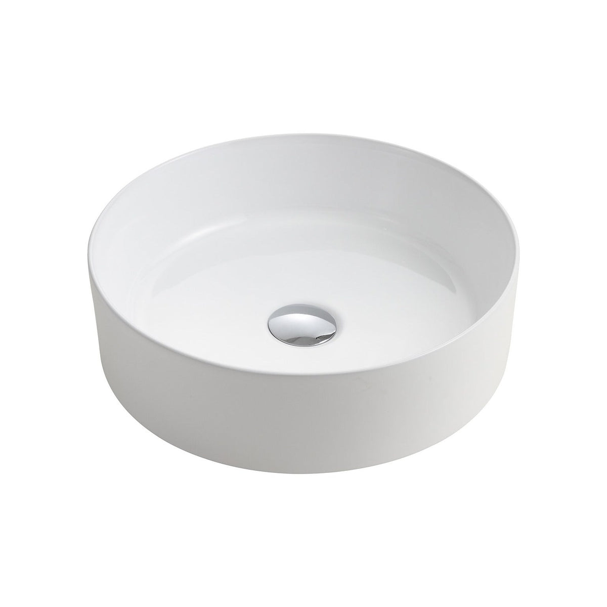 Raymor Ambition round white above-counter basin with chrome waste, front view on white background