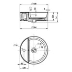 Technical drawing of Raymor Ambition round 400mm white counter top basin, showing 1 taphole and dimensions