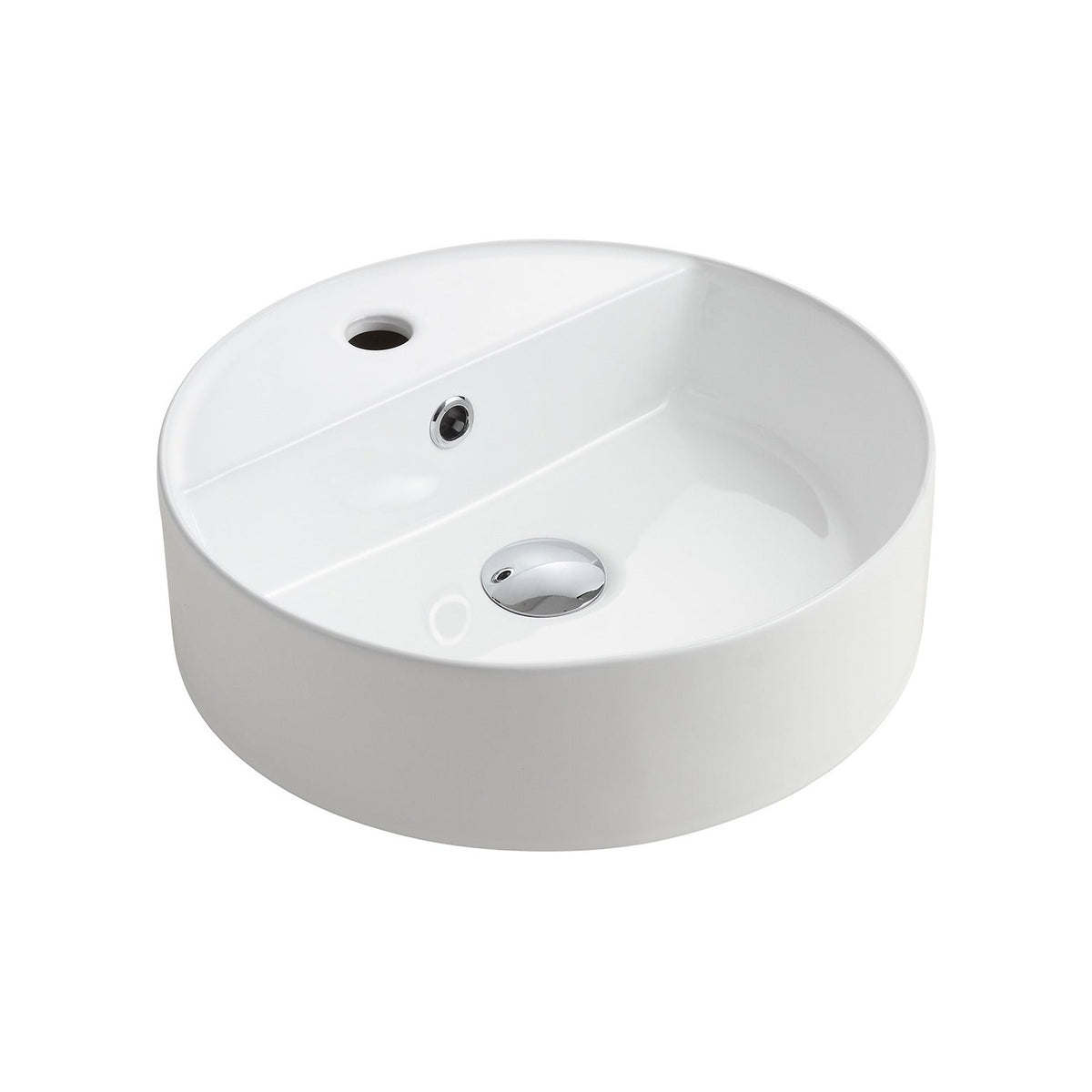 Raymor Ambition round above-counter basin, white ceramic, with one taphole and overflow, shown on white background
