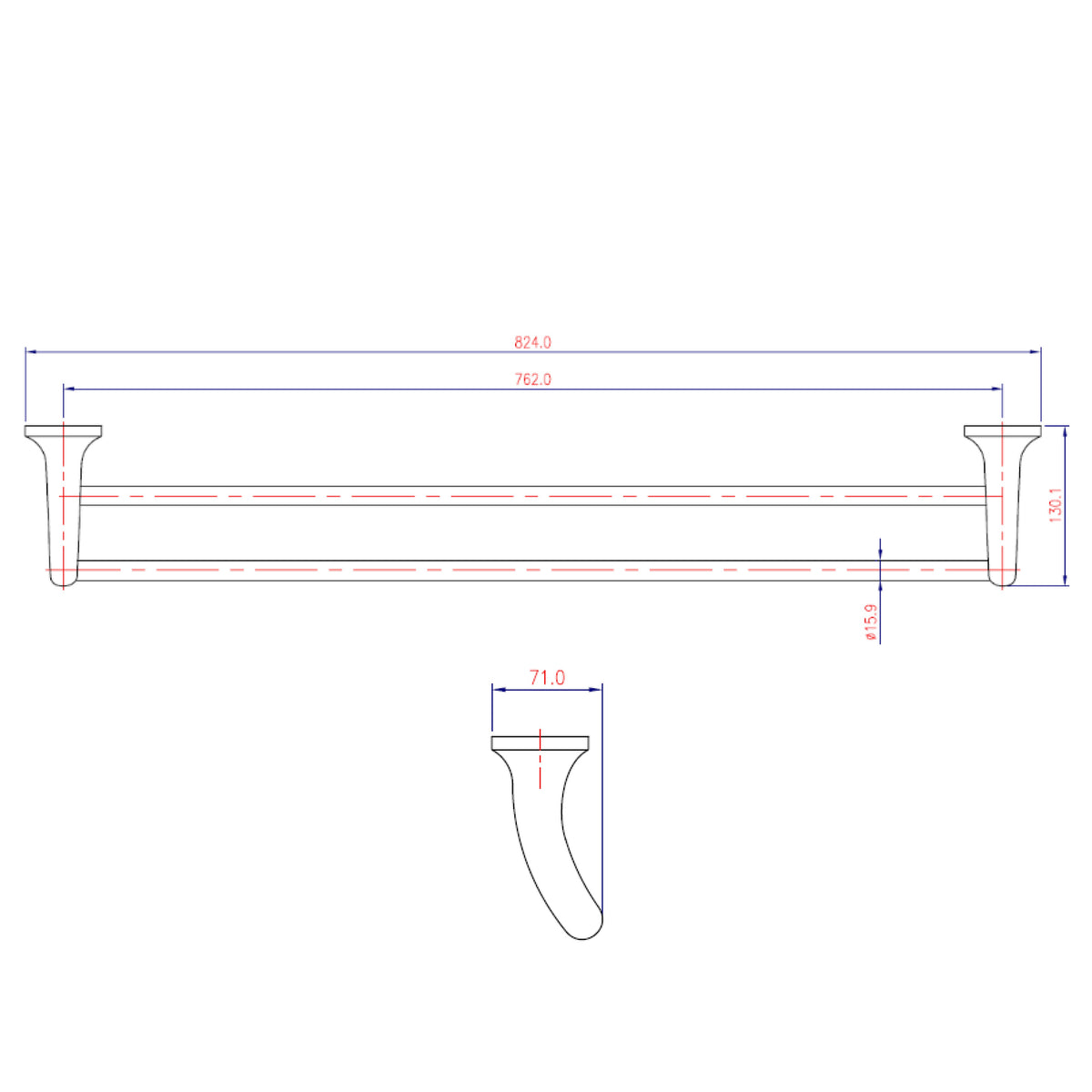 Raymor Armada double towel rail technical drawing in chrome, showing 824mm length and 130mm height