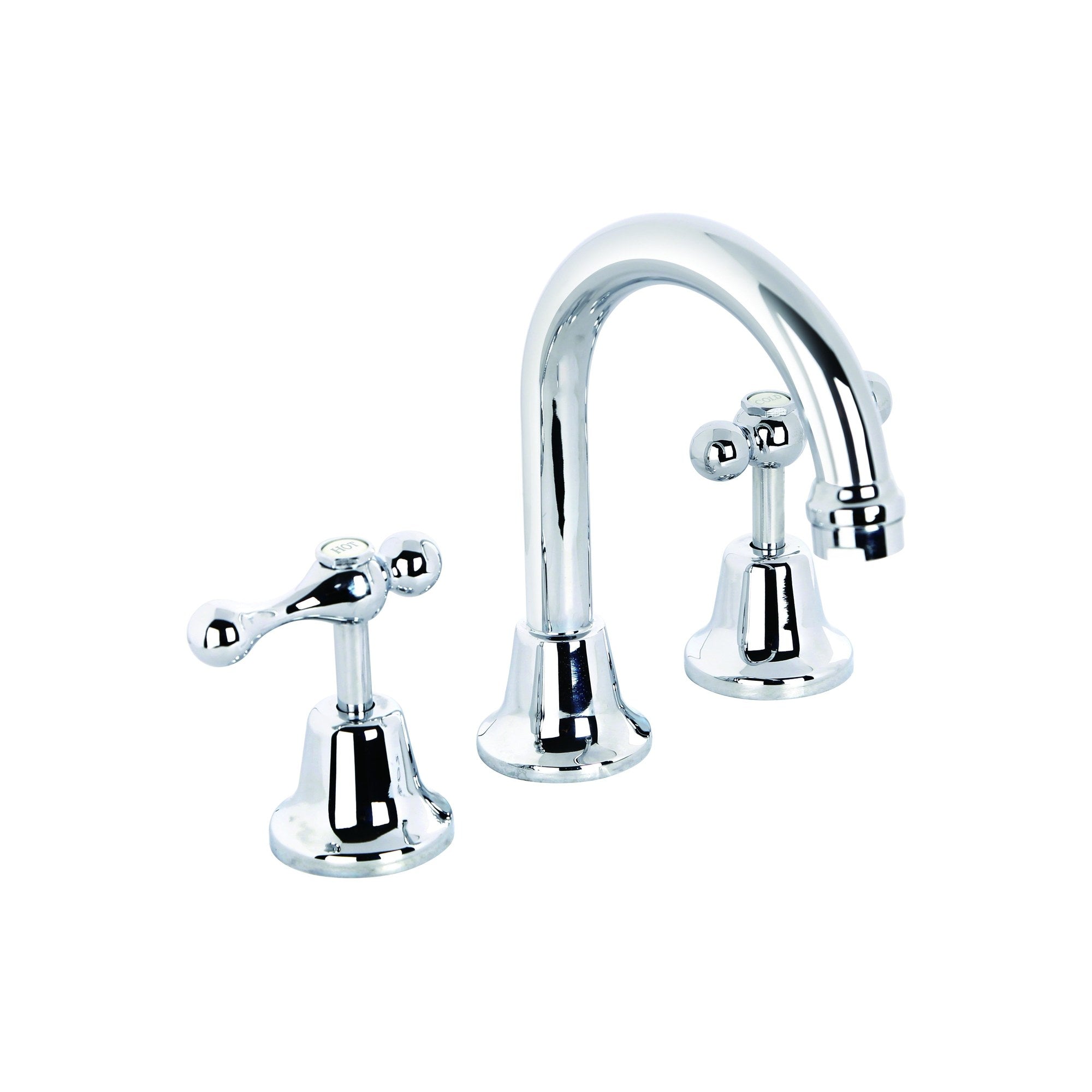 Raymor Armada chrome 3 piece basin tap set with lever handles and gooseneck spout on white background