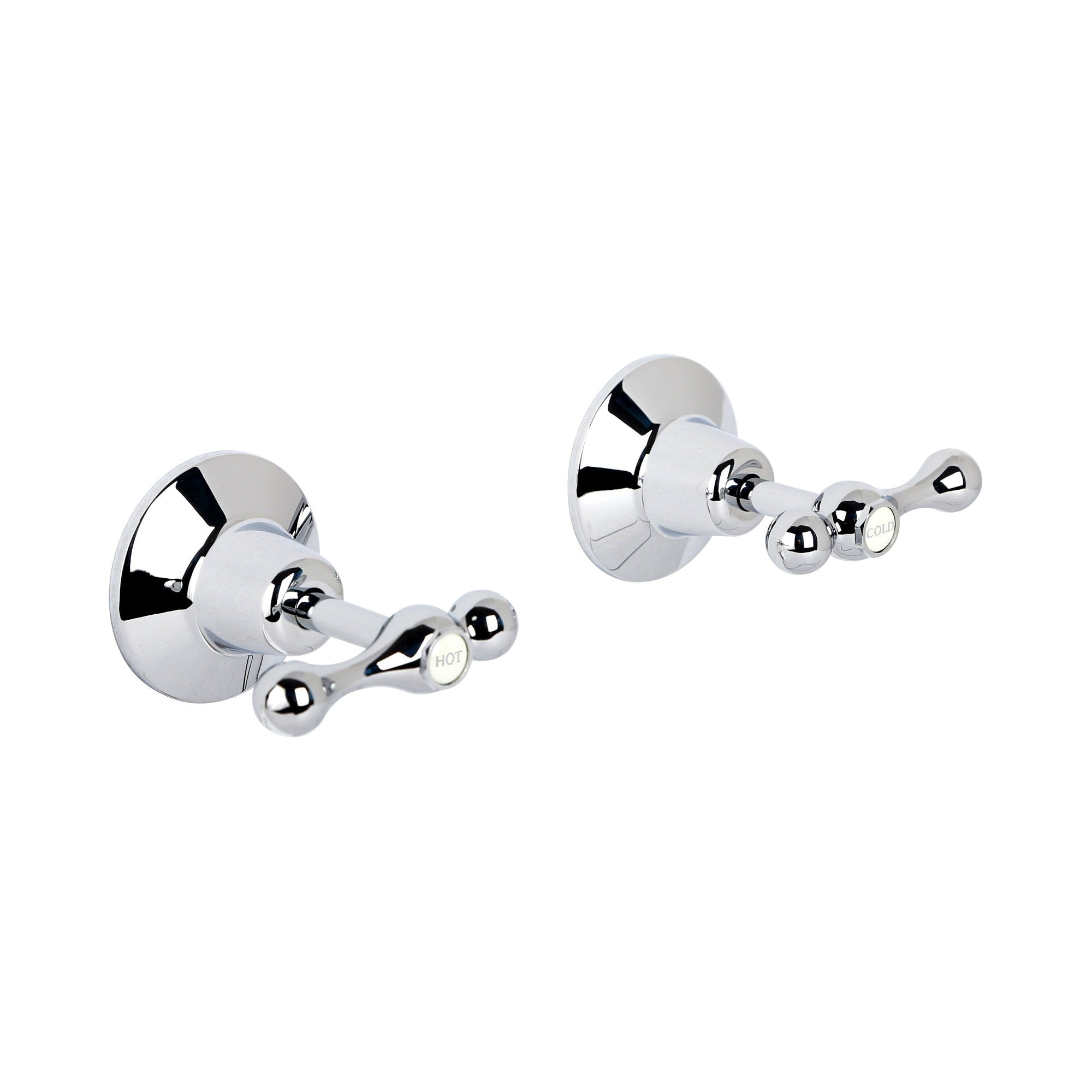 Raymor Armada chrome lever wall top assemblies, hot and cold pair, on white background