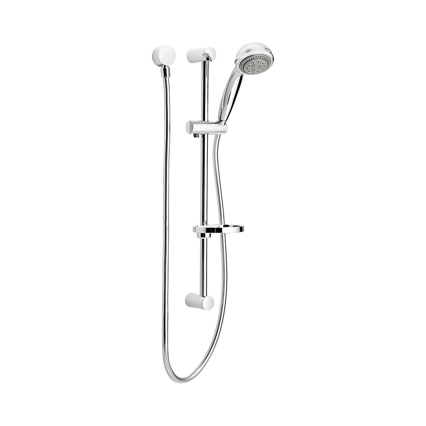 Raymor Armada chrome rail shower with hand shower, sliding bracket and soap dish on white background