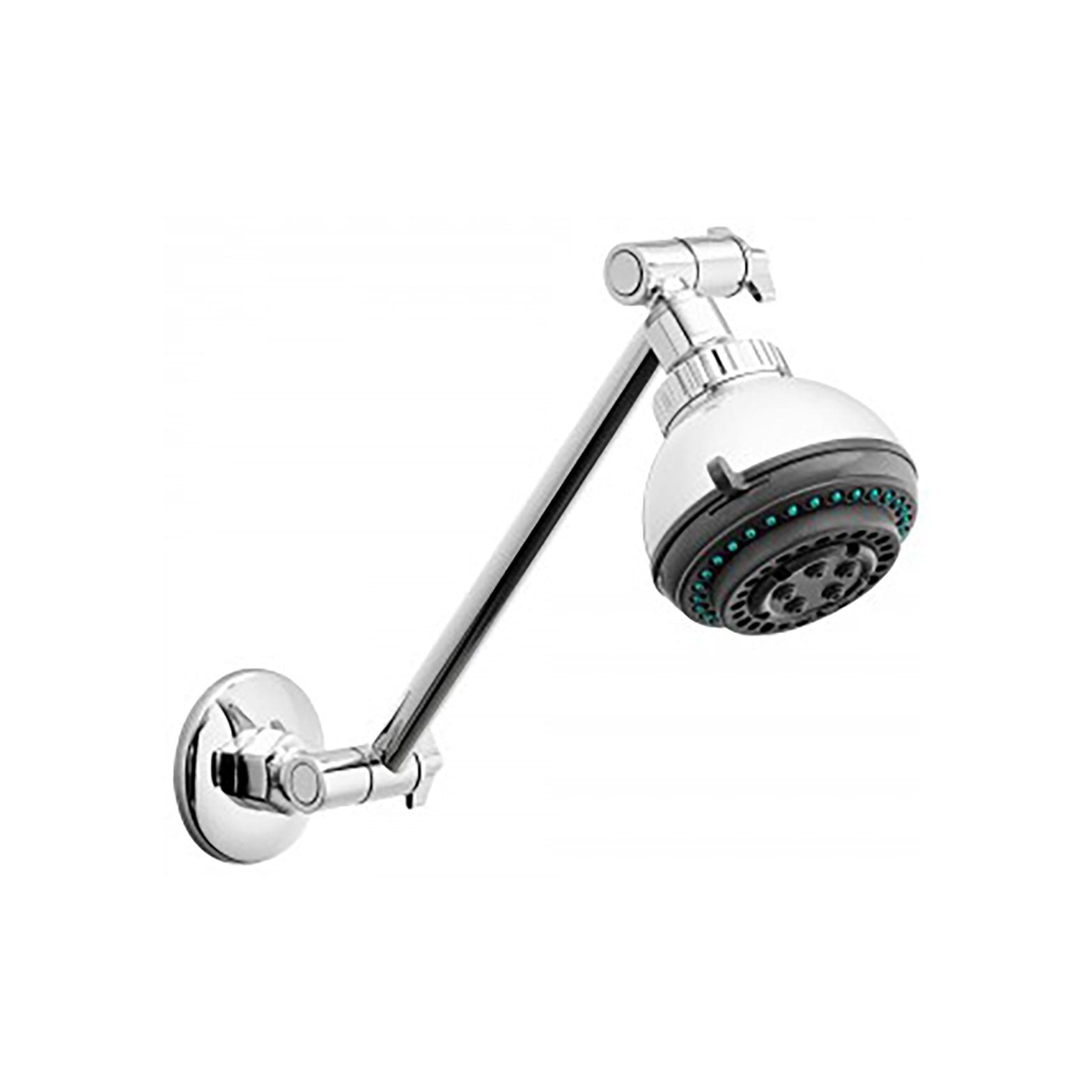 Raymor Armada wall shower in chrome, with angled wall arm and round 3-function shower head