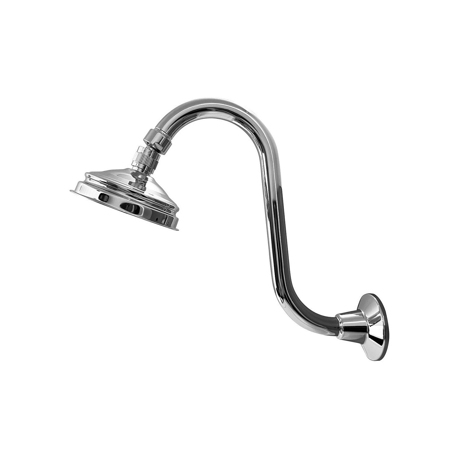 Raymor Armada wall shower in chrome, wall-mounted single shower head with curved arm and swivel rose
