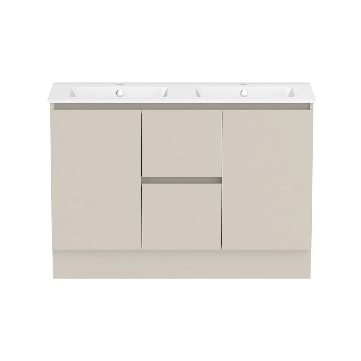 Raymor Ascot 1210mm double vanity in Palomera Oak with white top, centre drawers and two basins, front view