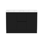 Raymor Ascot 1210mm double vanity in black with white top, centre drawers and two basins, front view