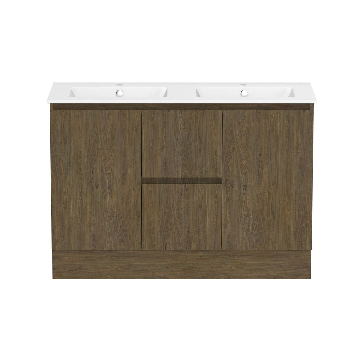 Raymor Ascot double vanity in Oxford woodgrain with white double basin top, front view