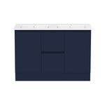 Raymor Ascot double vanity in dark blue with white top, two basins, centre drawers and side doors, front view