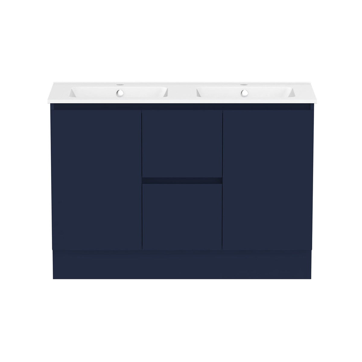 Raymor Ascot double vanity in dark blue with white top, two basins, centre drawers and side doors, front view