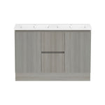 Raymor Ascot 1210mm double vanity in grey woodgrain with white double basin top, centre drawers and side doors