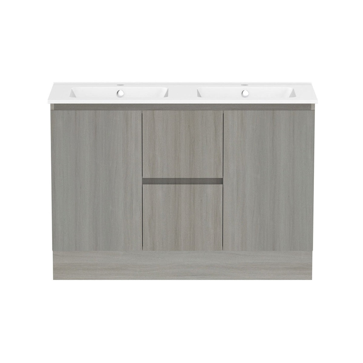 Raymor Ascot 1210mm double vanity in grey woodgrain with white double basin top, centre drawers and side doors