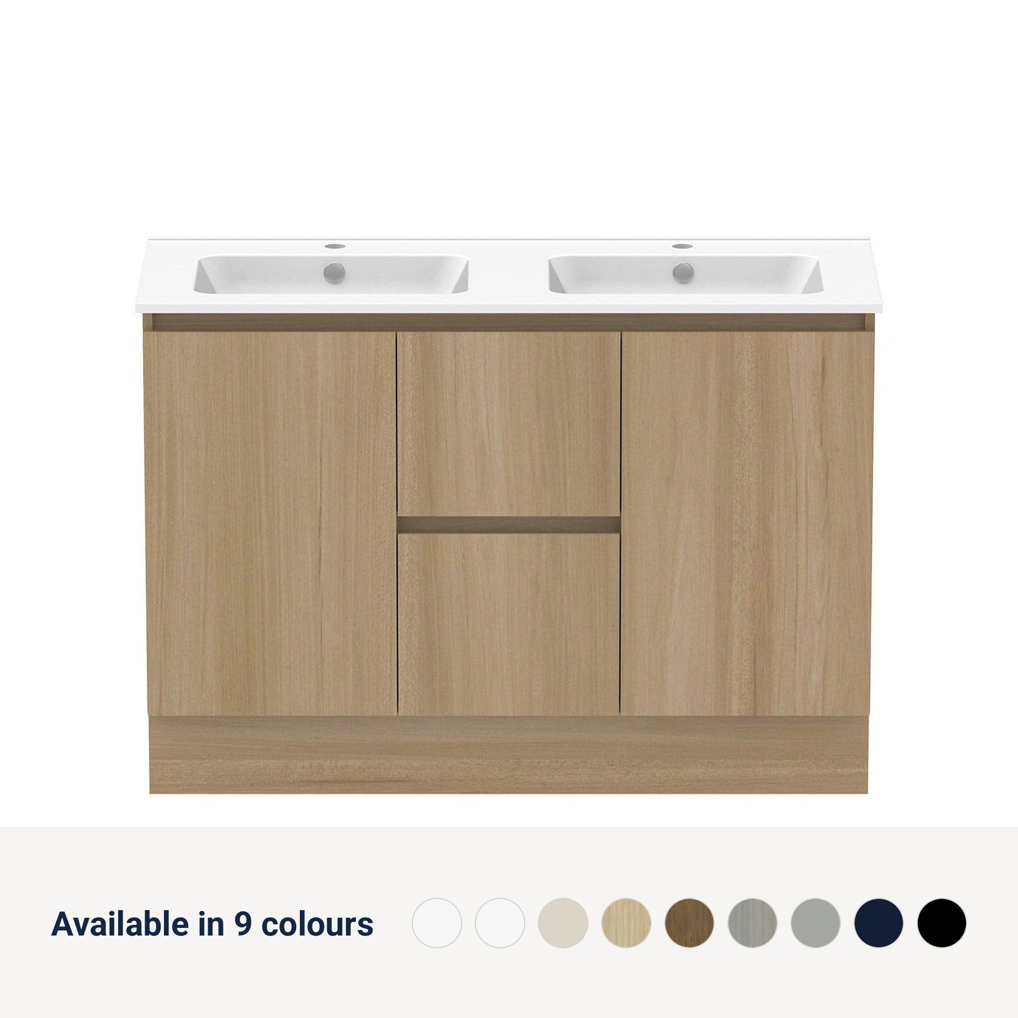 Raymor Ascot Floor or Wall Mount Double Vanity 1210mm 2 Drawer 2 Door Centre Drawers, available in 9 colours