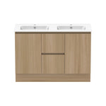 Raymor Ascot 1210mm double vanity in woodgrain, with white twin basins, centre drawers and two doors, front view