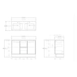 Raymor Ascot 1210mm double vanity technical drawing, front and side views with dimensions, Polar White Matte