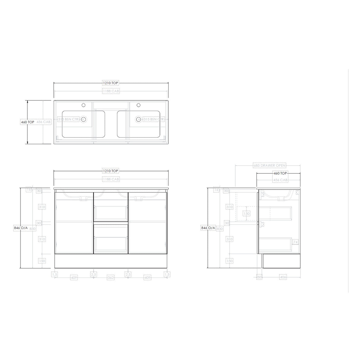 Raymor Ascot 1210mm double vanity technical drawing, front and side views with dimensions, Polar White Matte