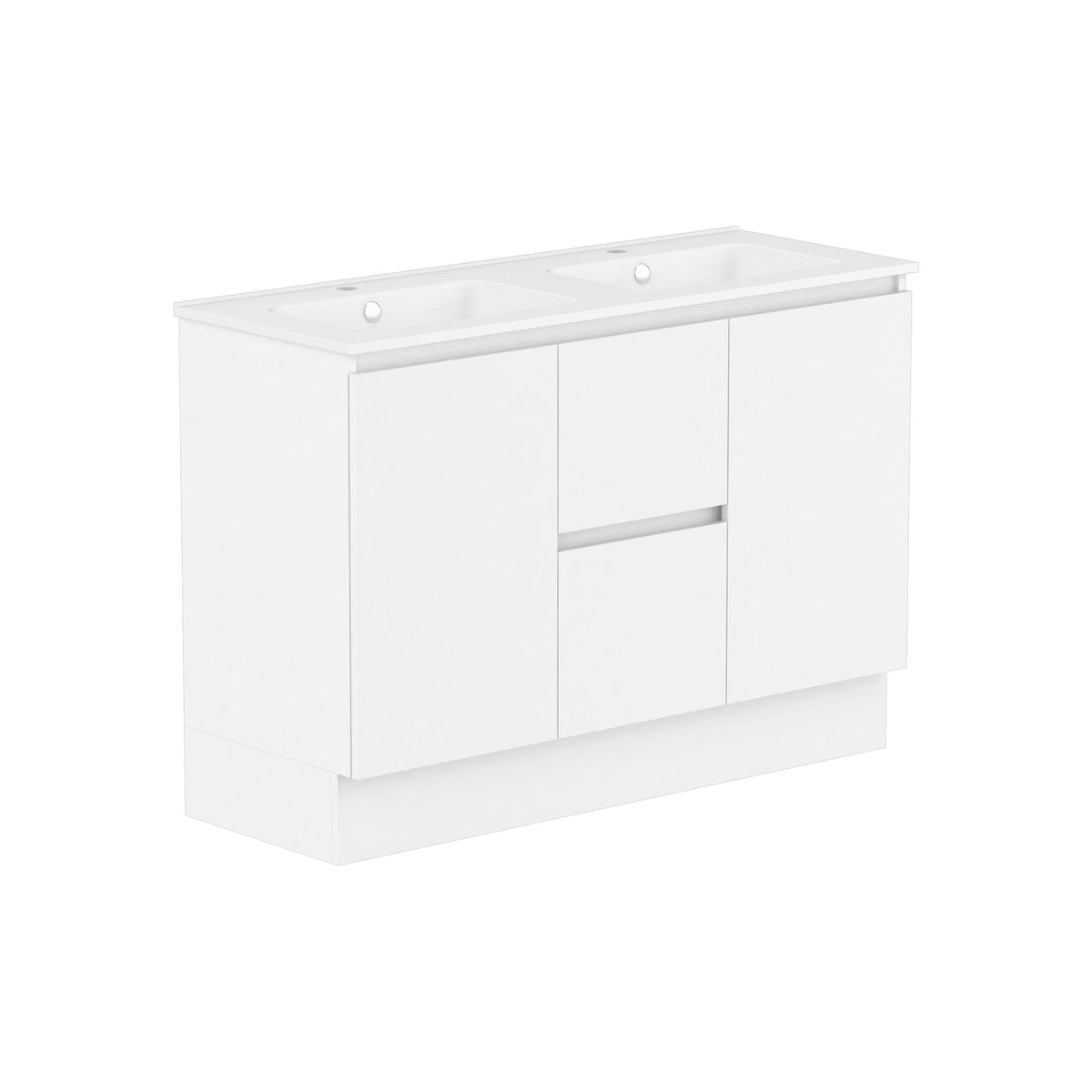 Raymor Ascot 1210mm white double vanity, front view, with two drawers and two doors, wall hung or floor mount