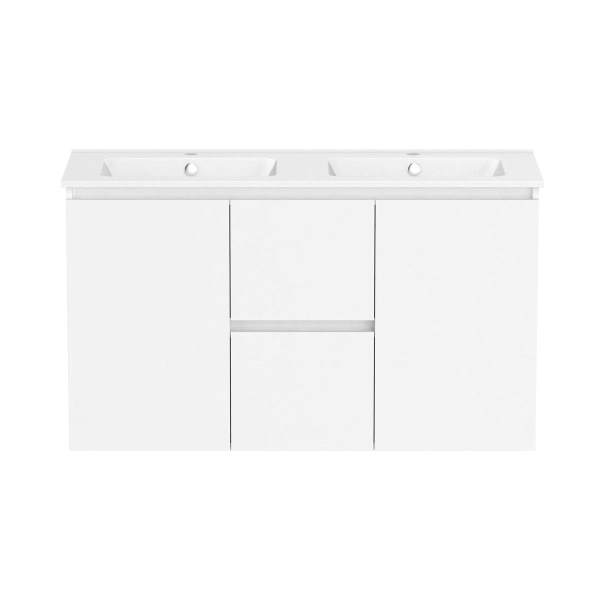 Raymor Ascot 1210mm double vanity, white, with two basins and centre drawers, front view