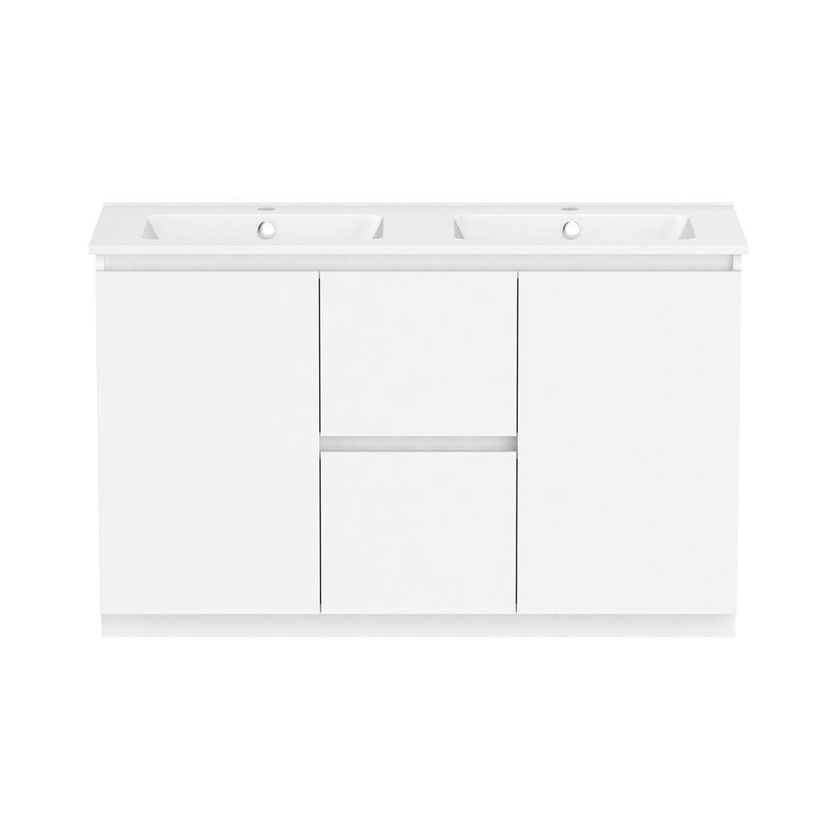 Raymor Ascot 1210mm white double vanity with two basins, centre drawers and side doors, front view