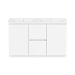 Raymor Ascot white double vanity, front view, with two basins, centre drawers and side doors