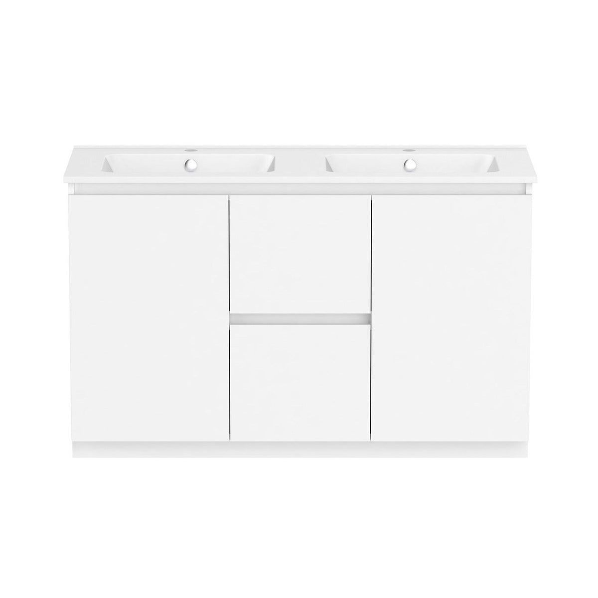 Raymor Ascot white double vanity, front view, with two basins, centre drawers and side doors