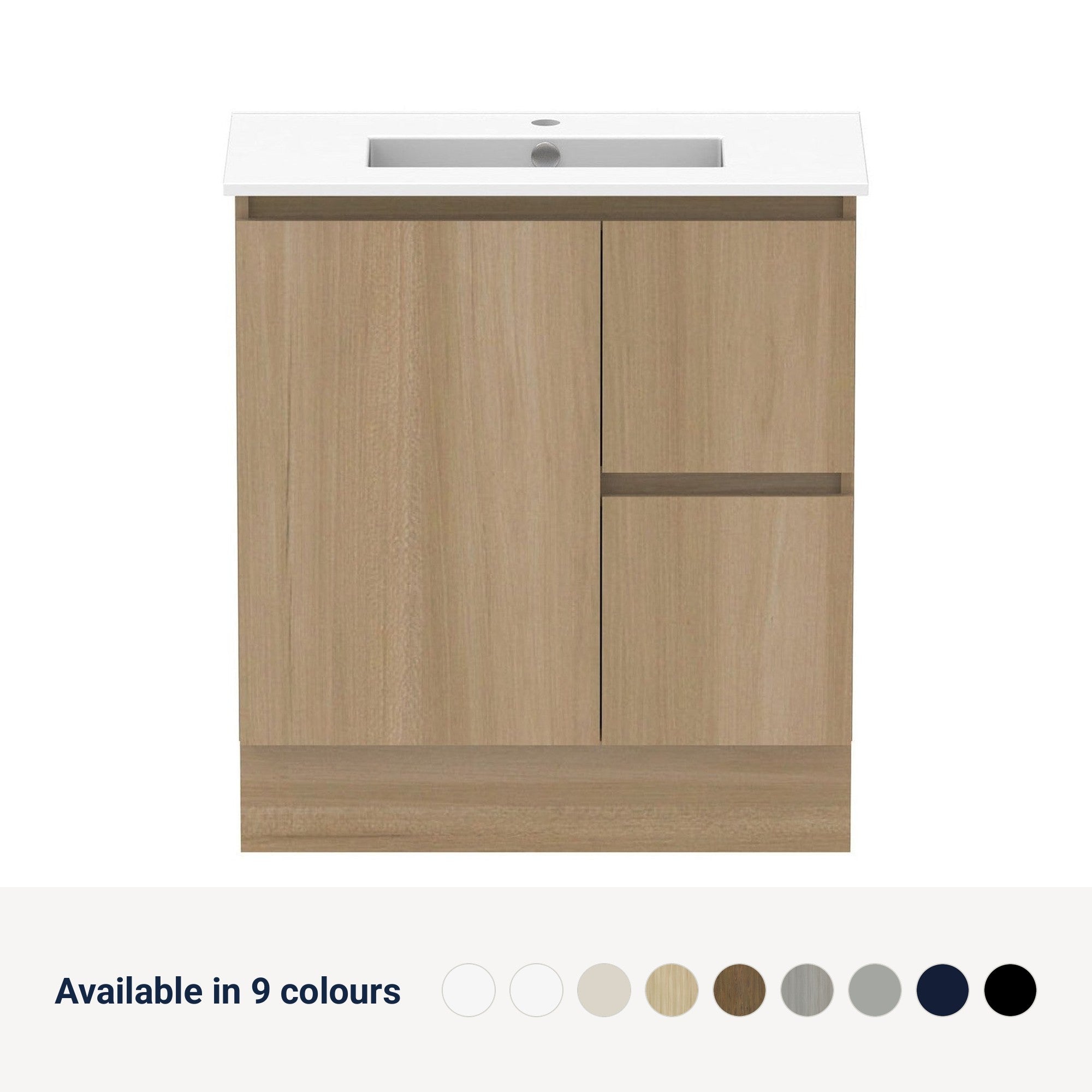 Raymor Ascot Floor or Wall Mount Slim Vanity 750mm 2 Drawer 1 Door Right Hand Drawers, available in 9 colours
